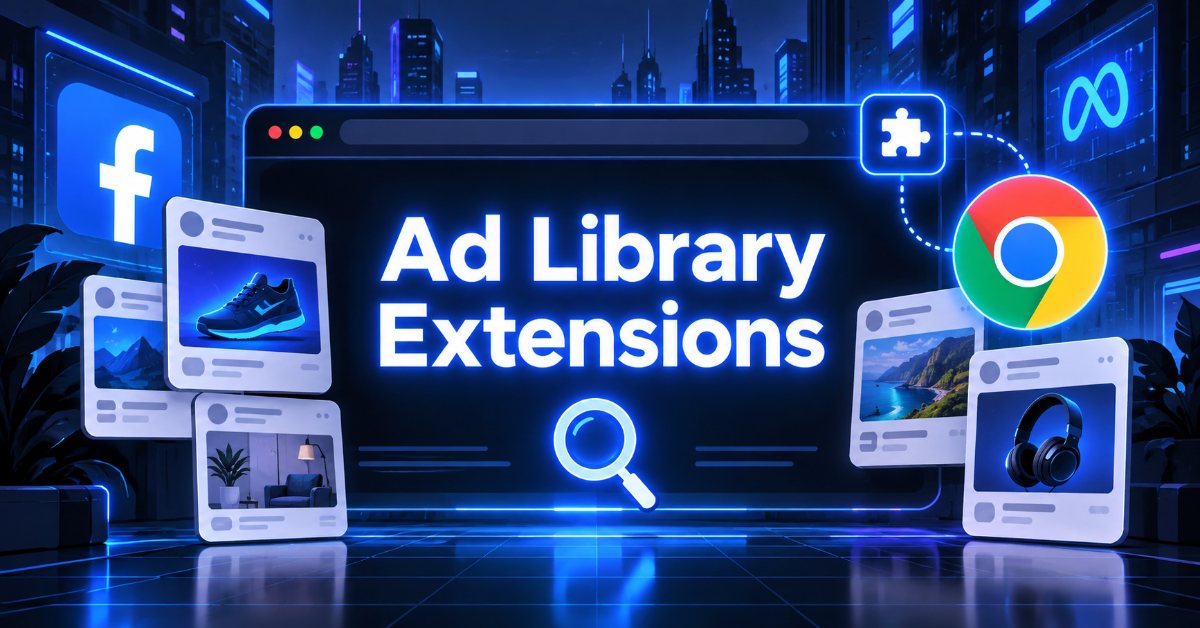 Neon-lit browser window titled Ad Library Extensions surrounded by Facebook, Meta, and Chrome logos and ad cards.