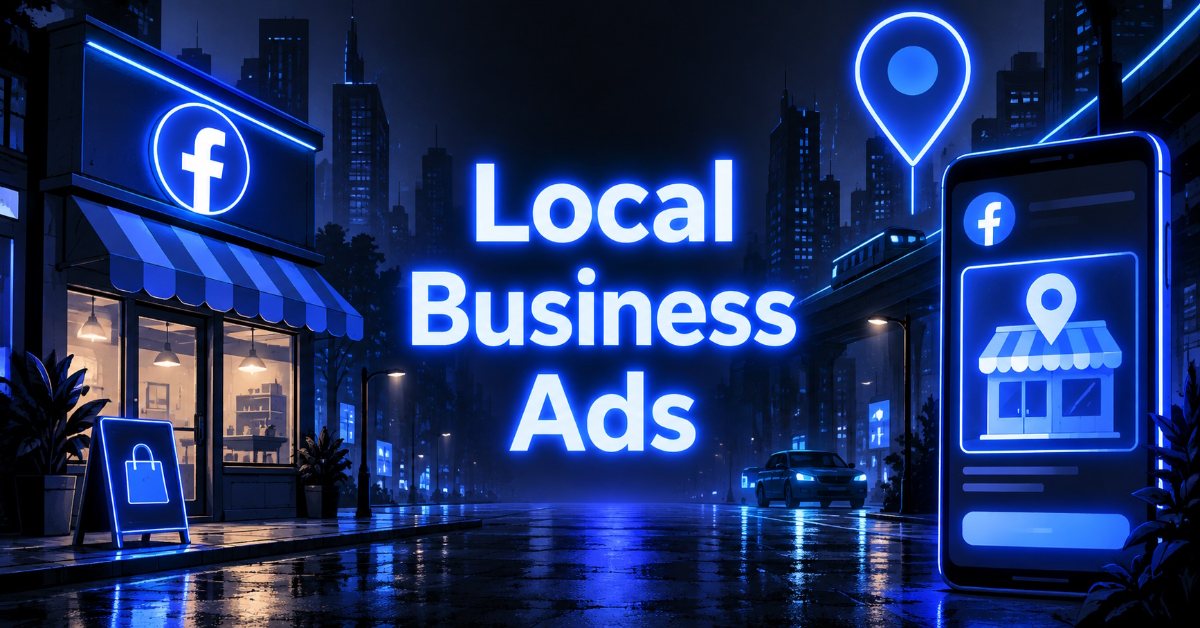 Neon-lit city street with Facebook storefront sign, location pin, and smartphone showing a local business listing.