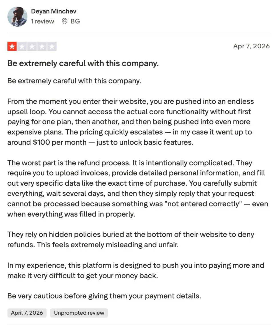 One-star Trustpilot review of Minea describing escalating plan pricing to unlock basic features and a refund process the reviewer found deliberately difficult.