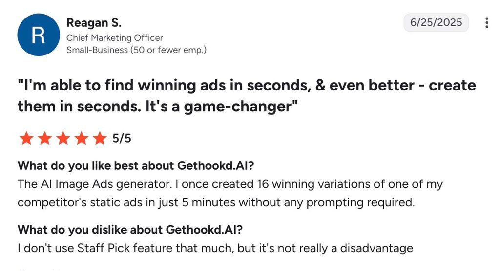 G2 review from Reagan S., a Chief Marketing Officer, giving GetHookd.AI a five-star rating.