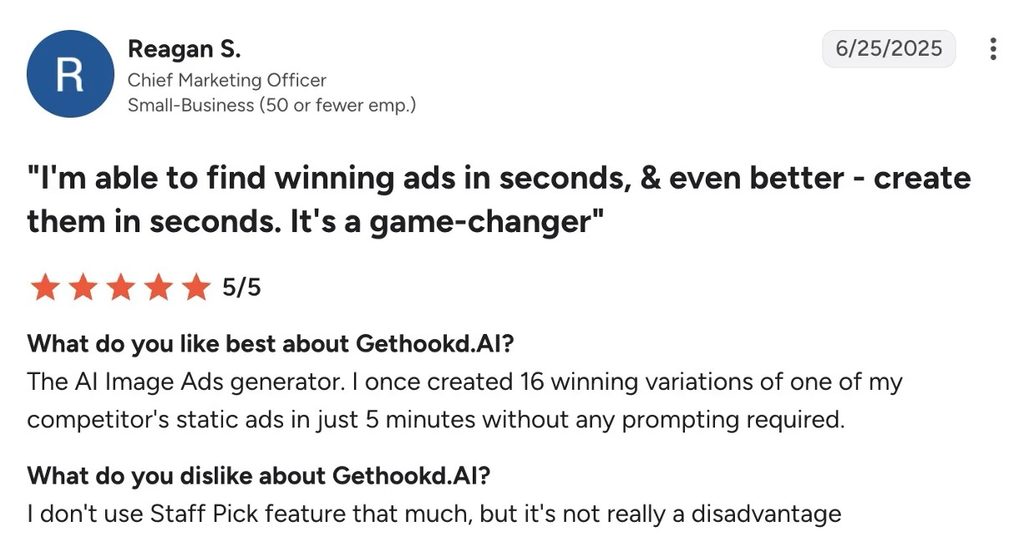 Five-star G2 review of Gethookd.AI praising its AI Image Ads generator for creating winning ad variations fast.
