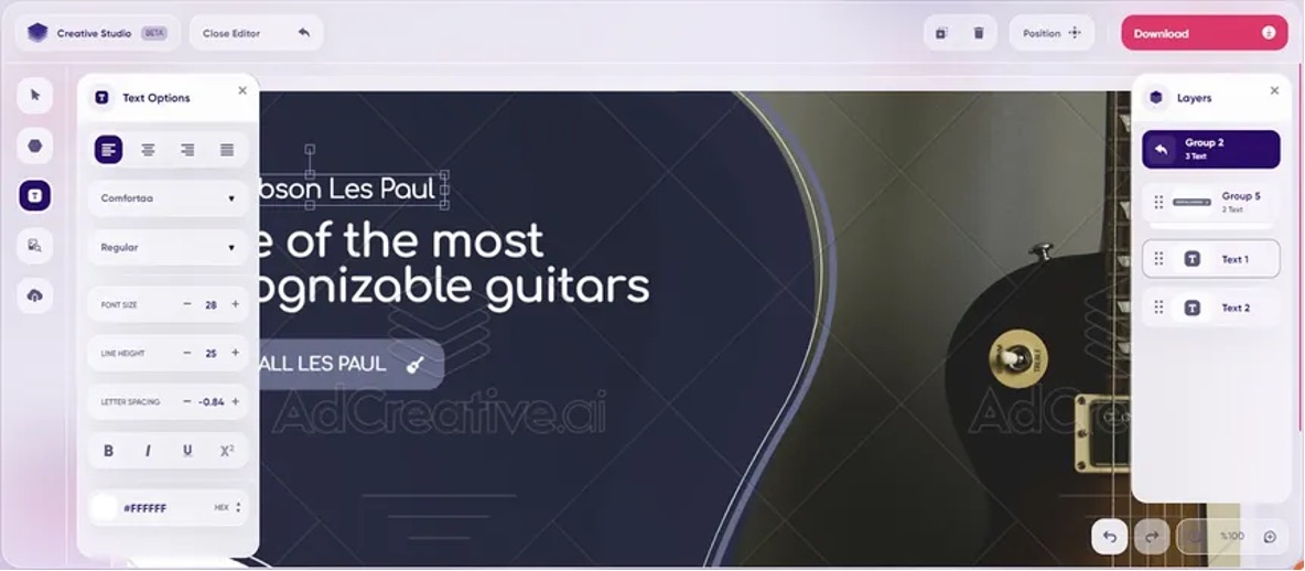 AdCreative.ai Creative Studio editor showing text options, layers panel, and a guitar ad banner.