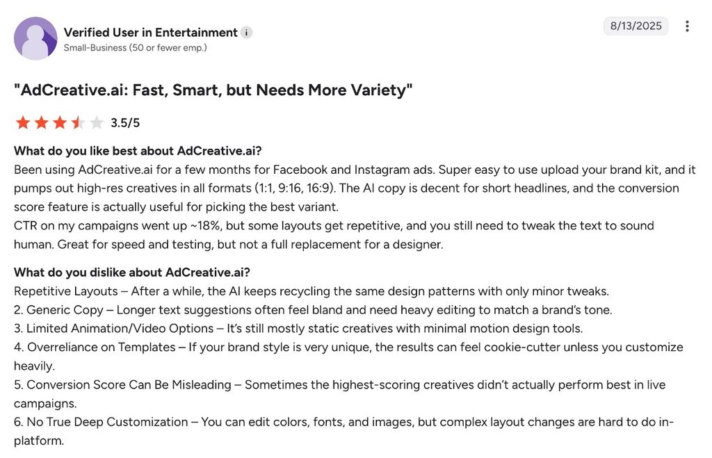 Individual G2 review of AdCreative.ai rated 3.5/5, listing repetitive layouts and limited customization as drawbacks.