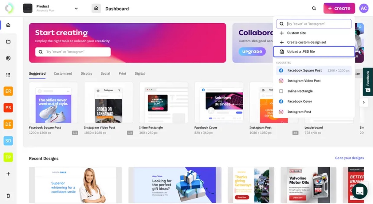 The Brief design dashboard showing ad size presets like Facebook Square Post, Instagram Video Post, and Leaderboard.