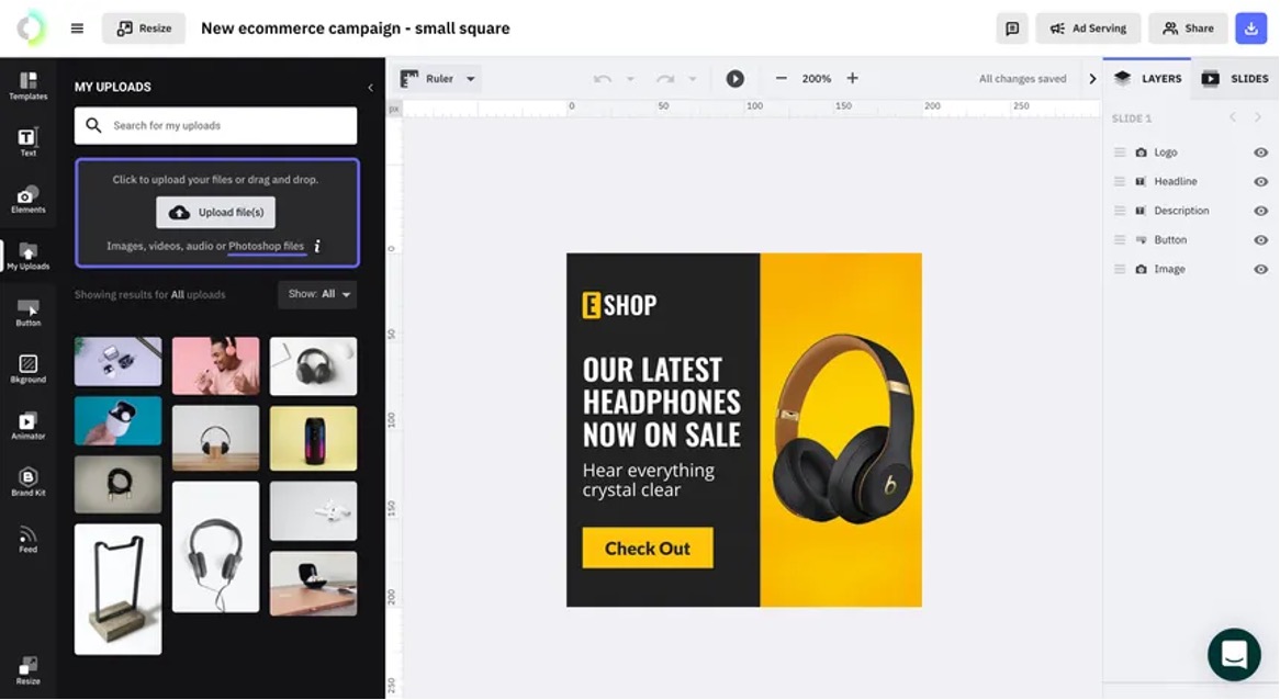 The Brief ad studio editing an ecommerce headphones banner with layers panel and uploads library.
