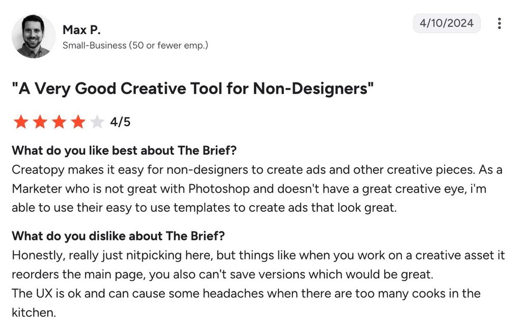 G2 review of The Brief titled "A Very Good Creative Tool for Non-Designers" rated 4 out of 5.