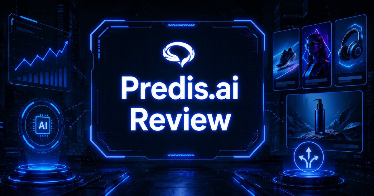 Predis.ai Review header showing the AI ad generator's capabilities: analytics graphs, product ads, and automated creative variations.