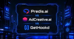 Predis.ai vs AdCreative.ai vs GetHookd comparison banner with brand logos against a blue futuristic cityscape background.