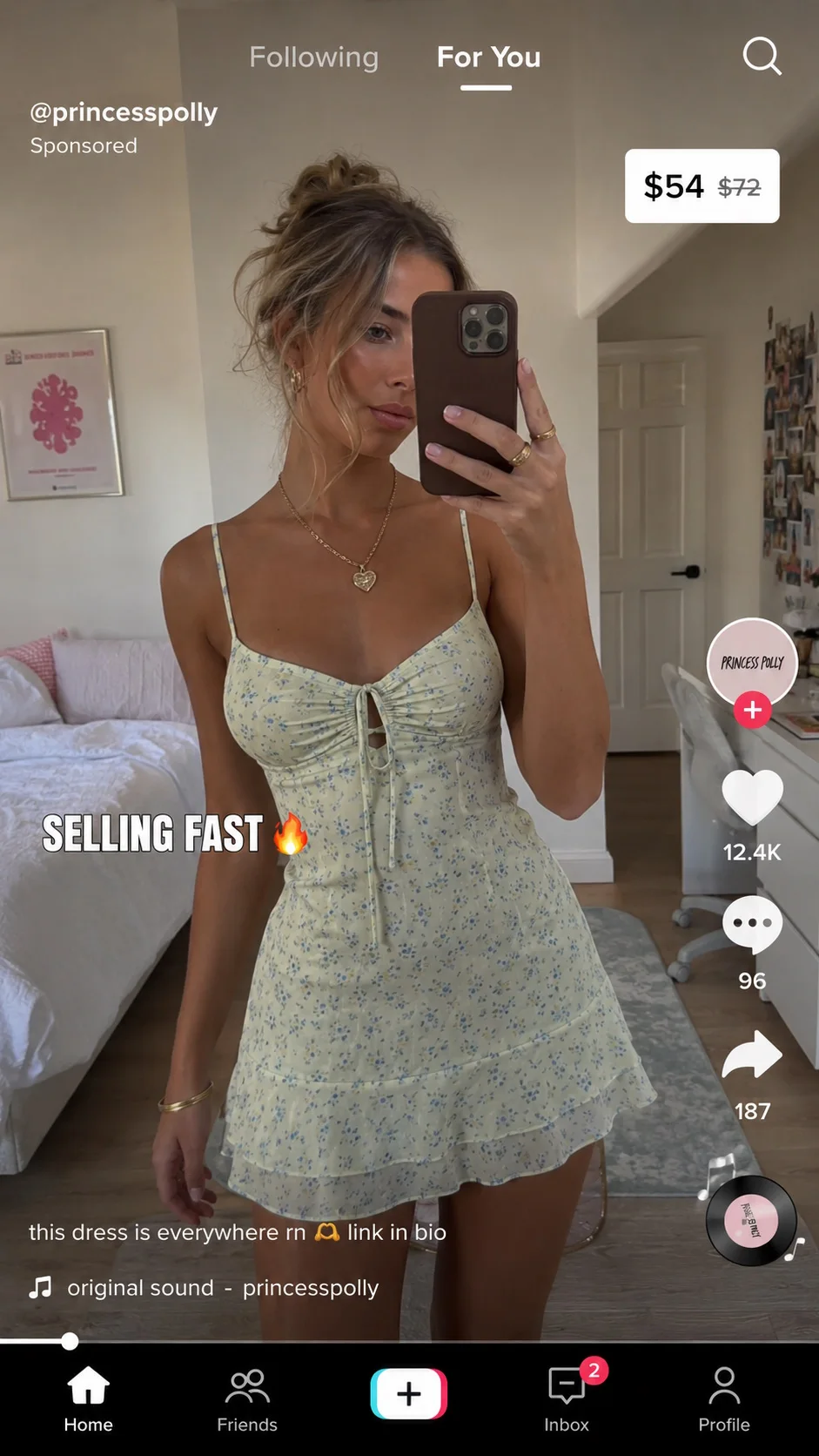 Princess Polly TikTok ad mockup showing a model in a floral mini dress with a $54 price tag and "Selling Fast" urgency overlay.