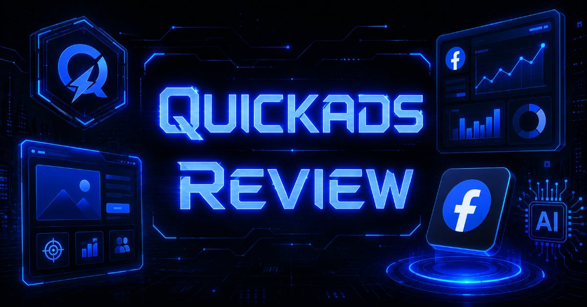 Quickads Review banner featuring the Quickads logo alongside Facebook ad analytics dashboards and an AI chip icon.