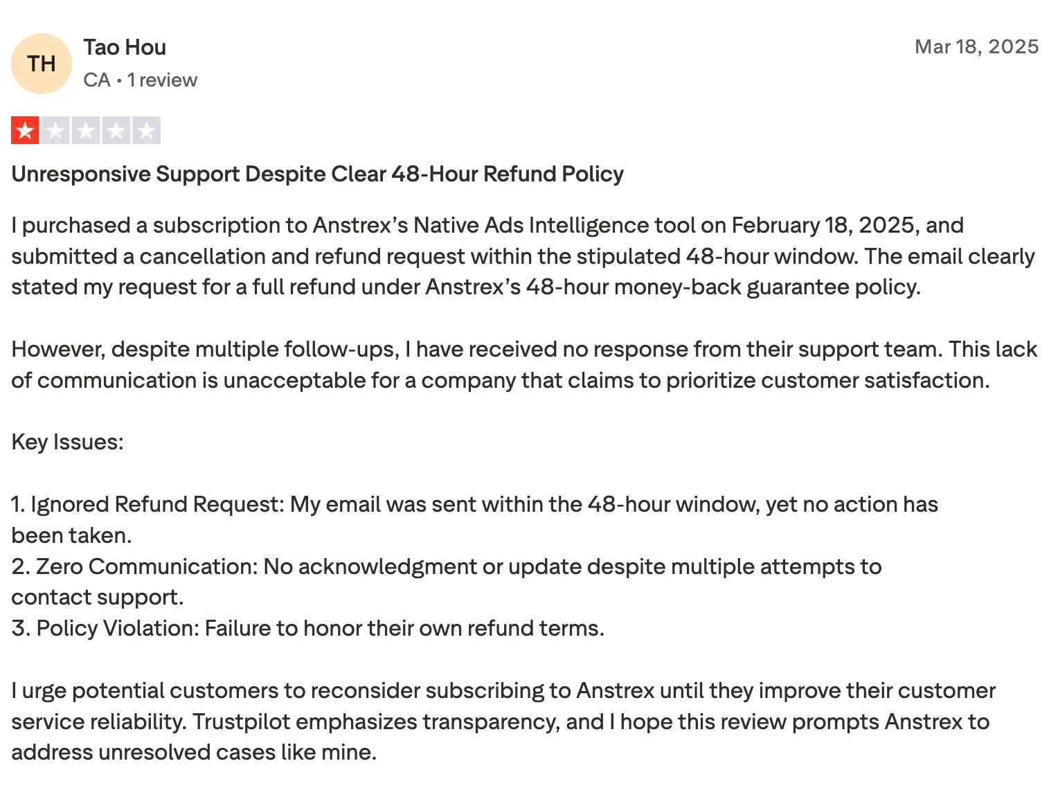 Review highlighting issues with the refund policy