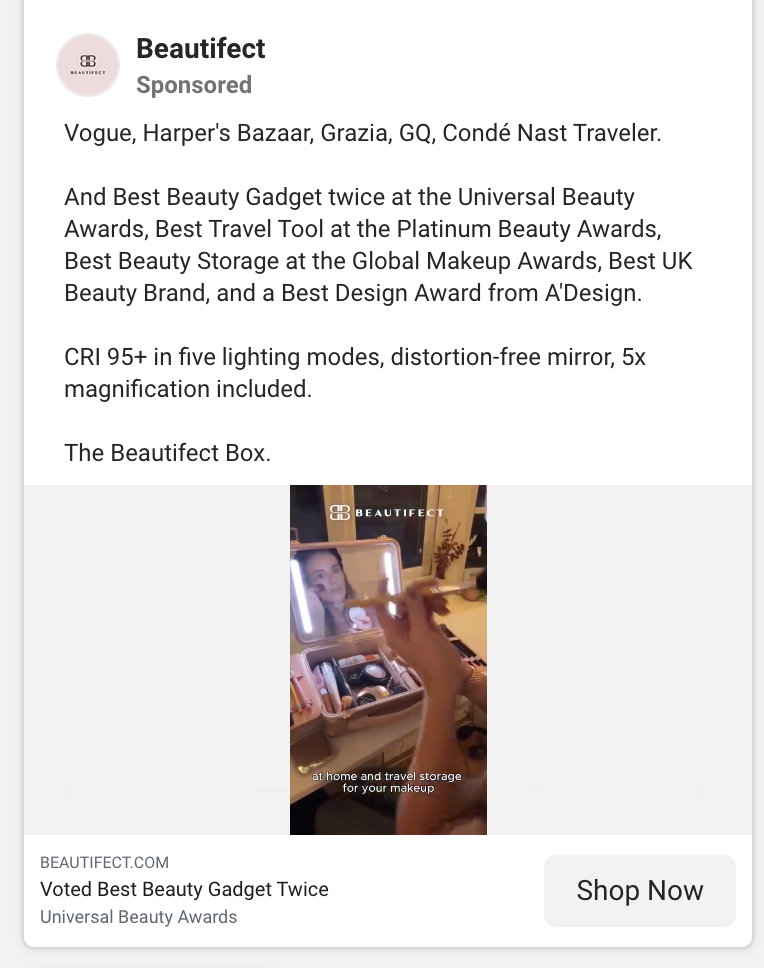 Screenshot of Beautifect’s ad, featuring the Beautifect Box vanity case