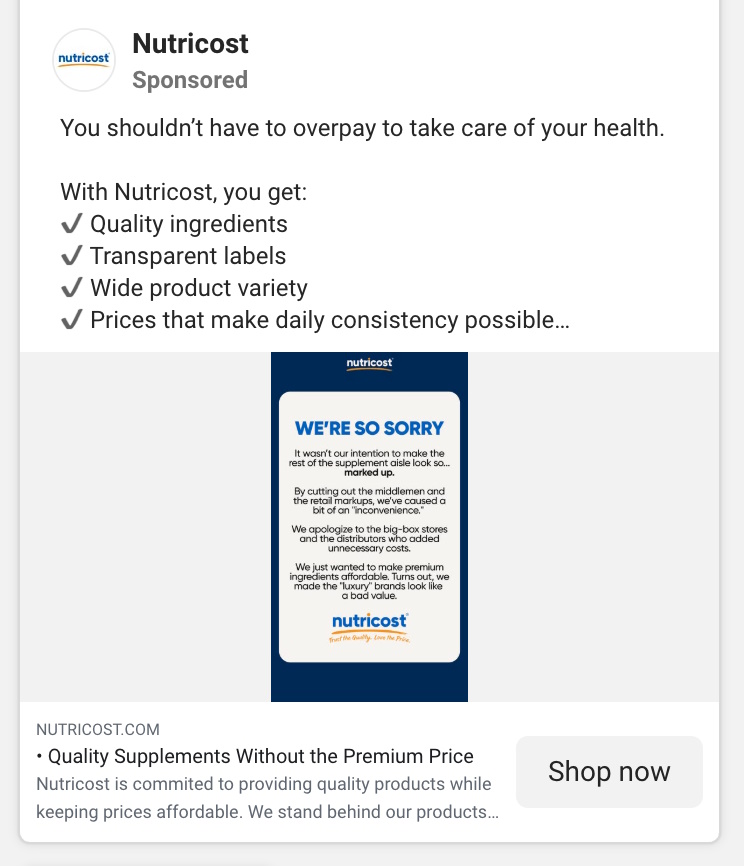 Screenshot of Nutricost’s ad