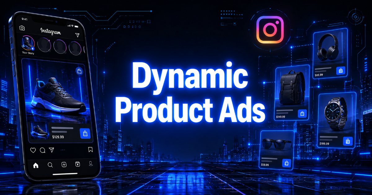 Smartphone showing an Instagram sneaker post beside floating ad cards for headphones, a backpack, watch, and sunglasses, titled "Dynamic Product Ads".