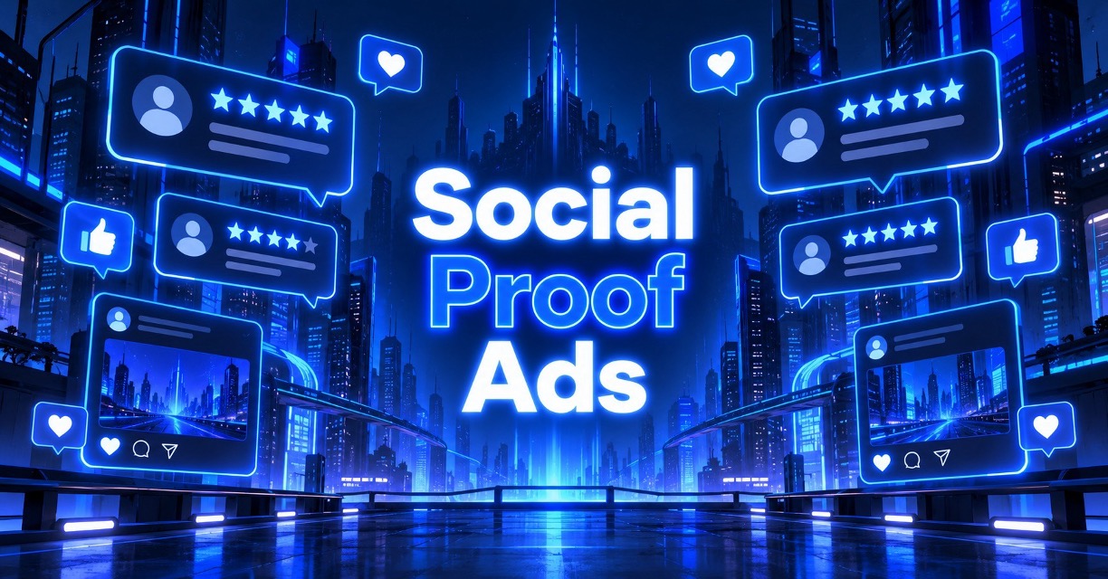 Social proof ads graphic with glowing reviews, stars, and blue cyberpunk cityscape