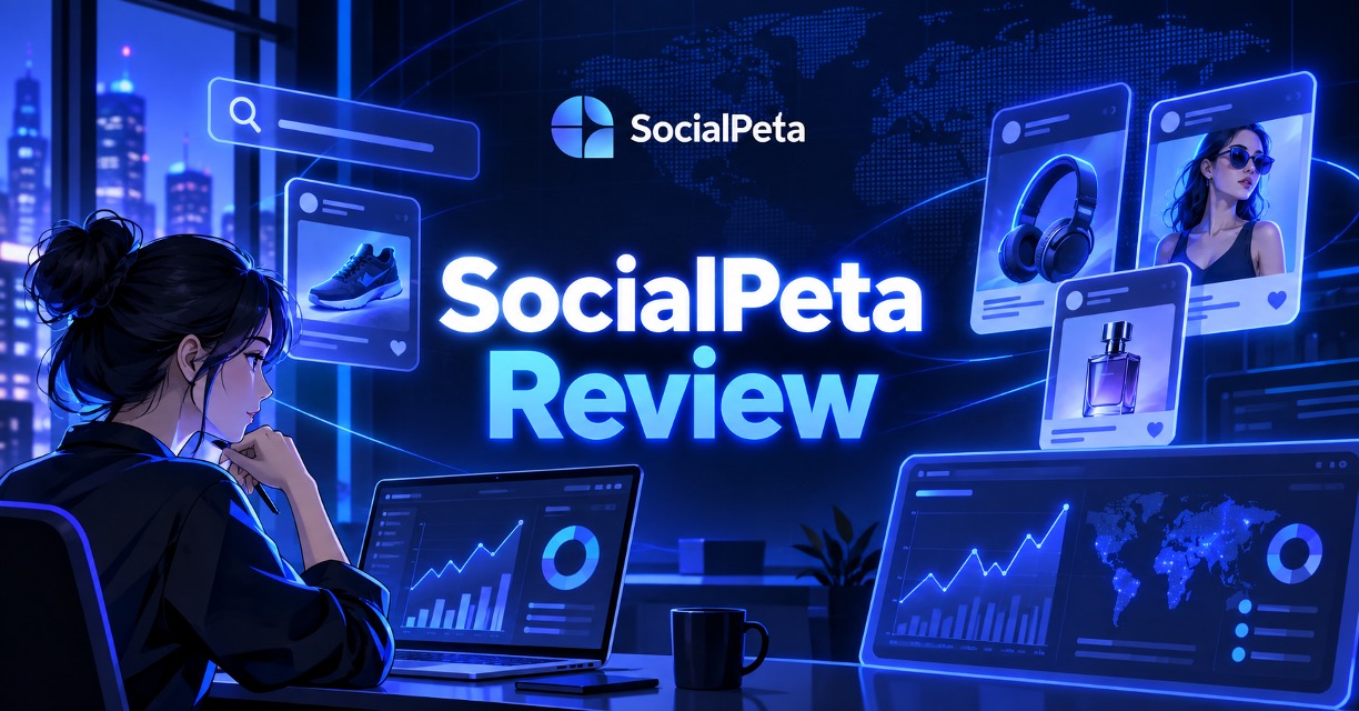 SocialPeta review header with analyst reviewing ad creative cards and performance dashboards on dual screens