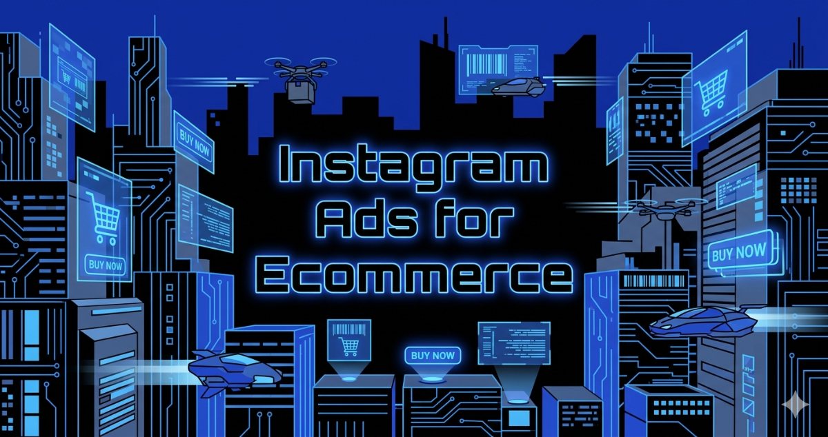 Stylized illustration of Instagram ecommerce ads concept with shopping interface elements and Buy Now buttons.