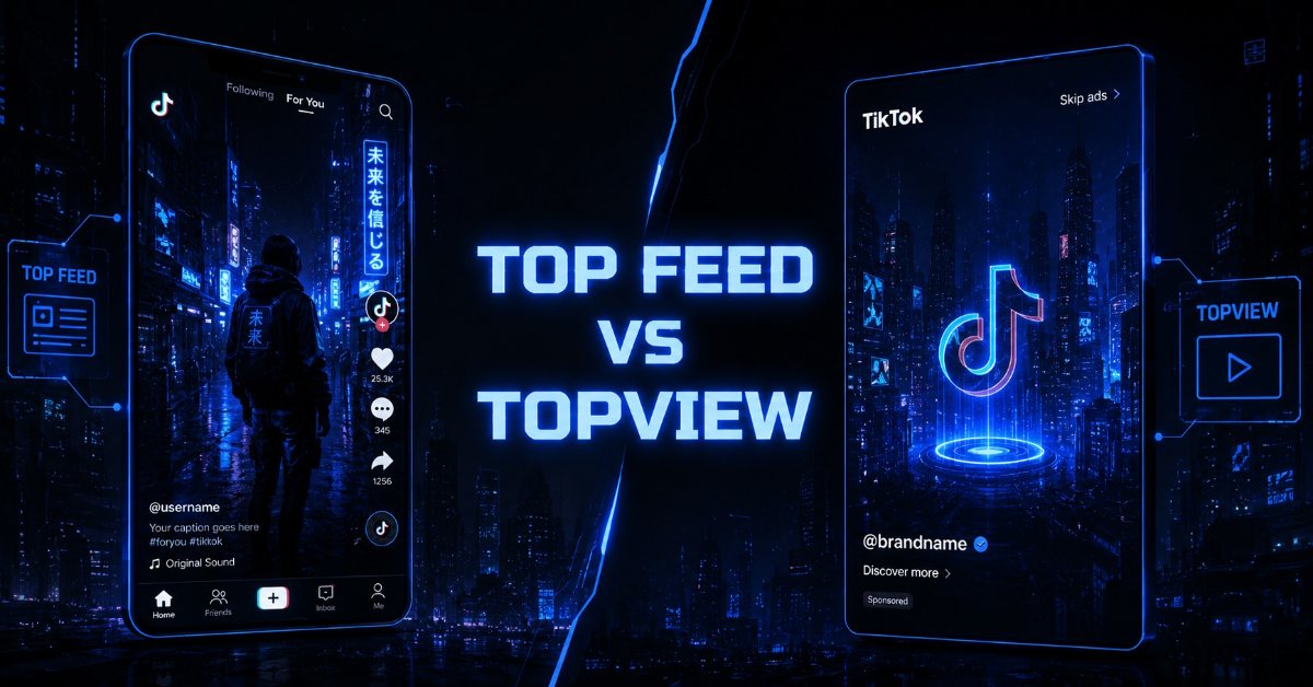 'TOP FEED VS TOPVIEW': side-by-side TikTok phone mockups contrasting in-feed ad placement in the For You feed versus a full-screen brand takeover on app open.