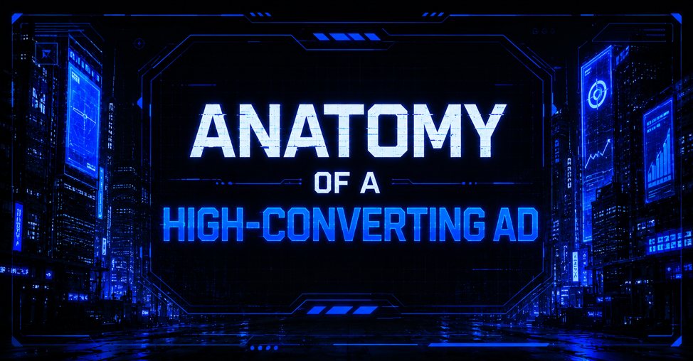 Futuristic blue neon cityscape with screen displaying text about the anatomy of a high-converting ad.