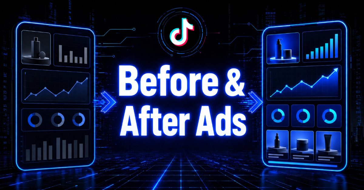 Two smartphones illustrating improved dashboards with TikTok logo and "Before & After Ads" text.