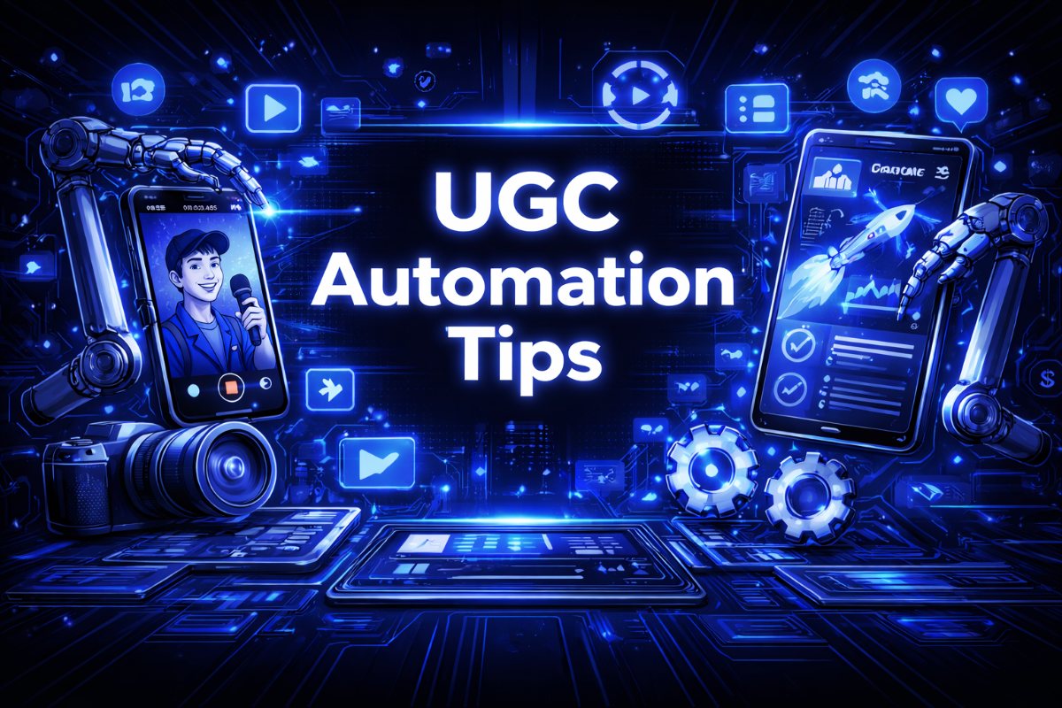 GC automation tips graphic with robotic arms holding smartphones showing a creator and analytics dashboard, gear icons, and a camera on a dark blue digital background.