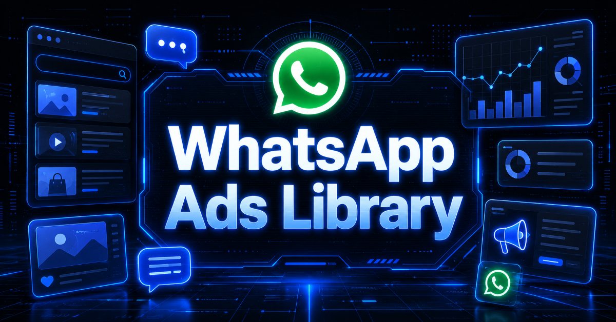 WhatsApp Ads Library" title with WhatsApp logo, performance charts, and sample ad cards on a futuristic blue interface.