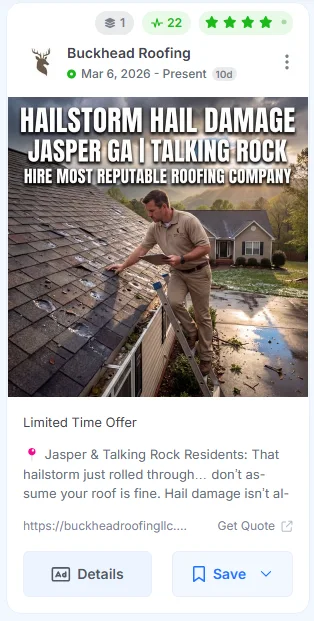 Screenshot of a Facebook ad targeting Jasper and Talking Rock residents after a hailstorm.