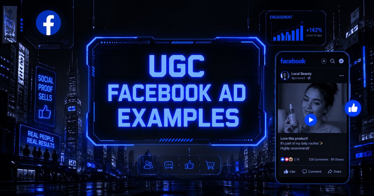 UGC Facebook Ad Examples graphic with a beauty product ad mockup on a smartphone, an engagement chart, social proof billboards, and the Facebook logo against a dark city background.