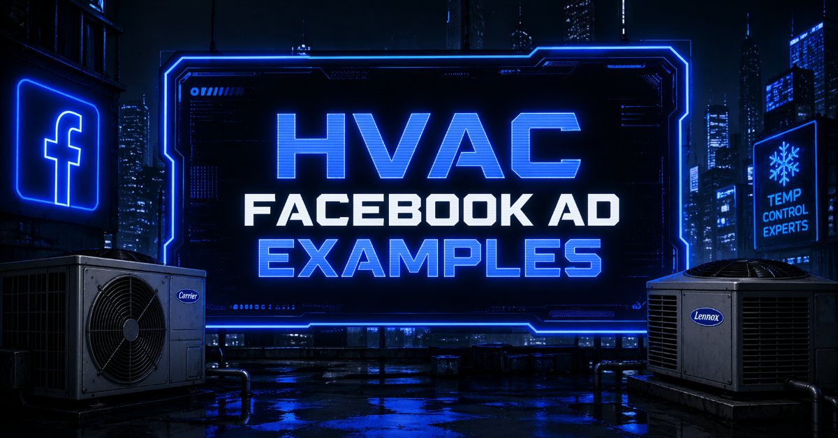 HVAC Facebook Ad Examples graphic with two AC units, a snowflake Temp Control Experts sign, and the Facebook logo against a dark urban rooftop background.