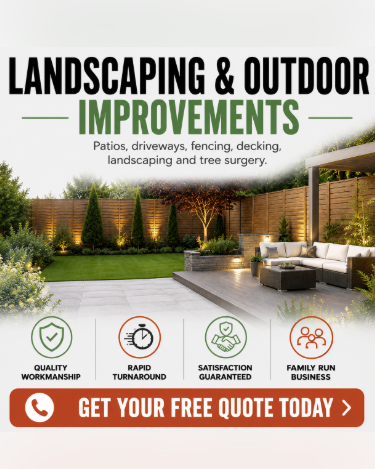 A Facebook ad showing a finished landscaping project with overlay text advertising a free quote.