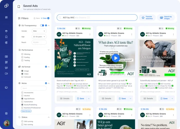 GetHookd Saved Ads dashboard showing AG1 Athletic Greens Meta ads filtered by format, niche, and performance tags like 'Winning’.
