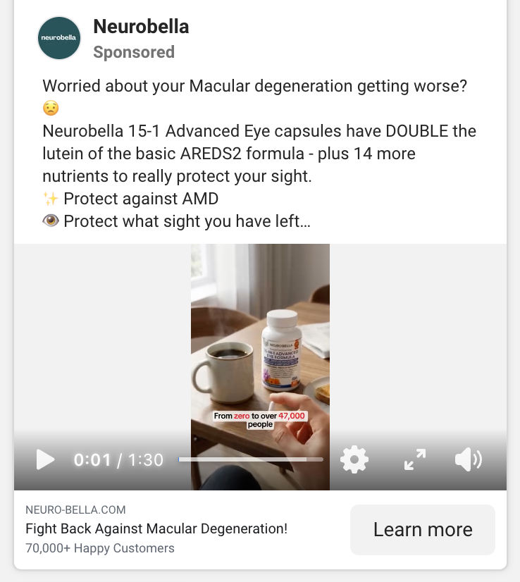 Screenshot of Neurobella’s ad, featuring eye capsules