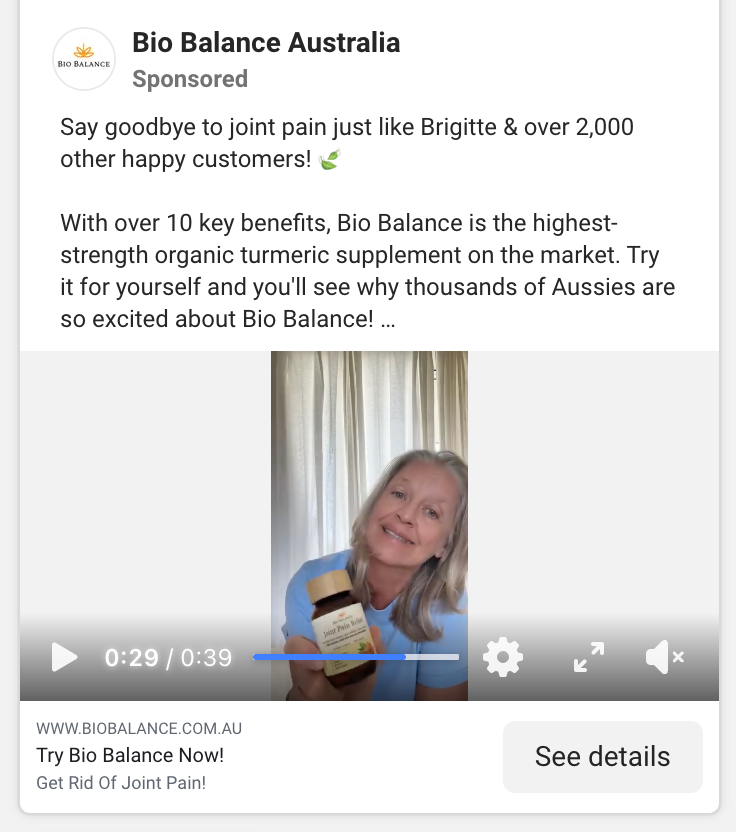 Screenshot of Bio Balance Australia’s ad, featuring the testimonial of a customer