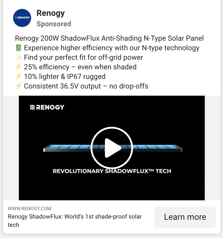 Screenshot of Renogy’s ad for ShadowFlux