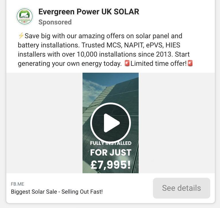 Screenshot of Evergreen Power’s FB ad