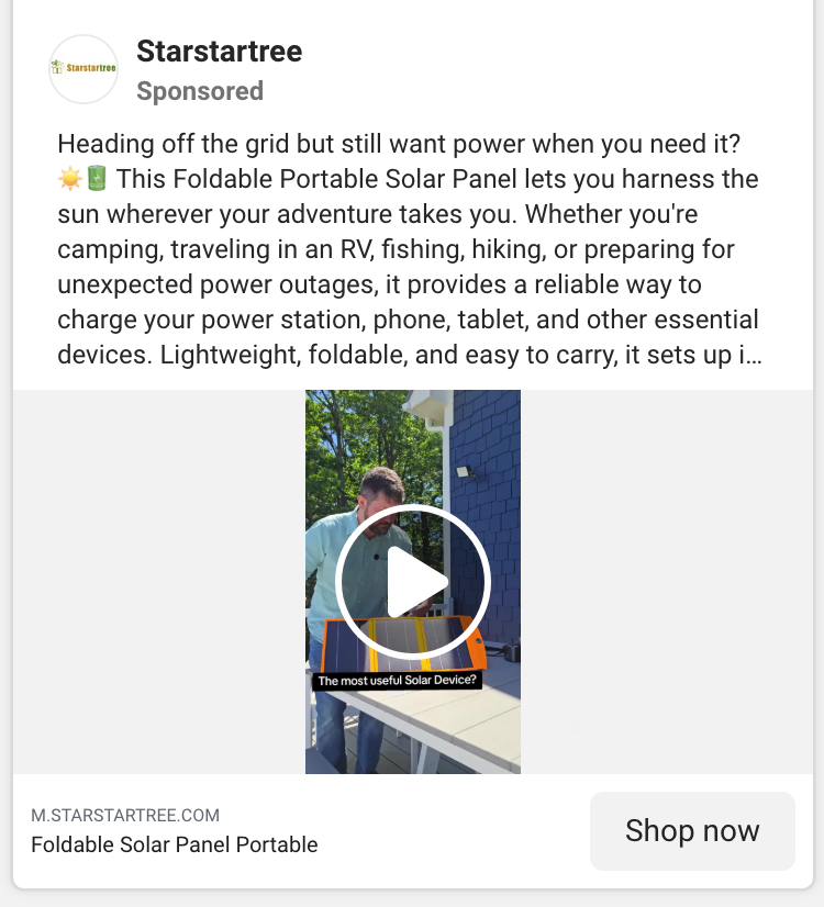 Screenshot of Starstartree’s solar panel ad