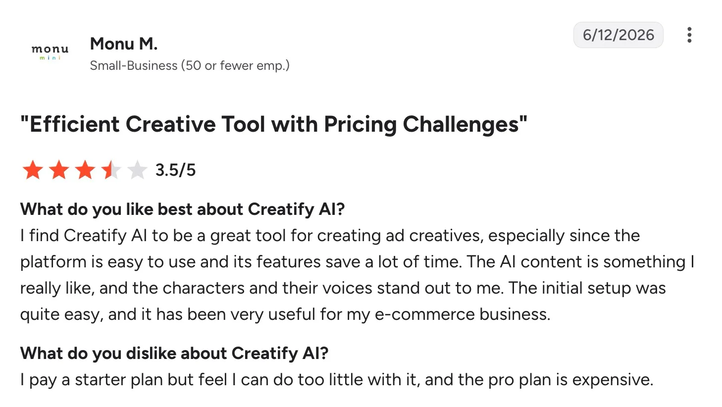 Individual G2 review of Creatify AI praising ease of use while citing pricing limits.