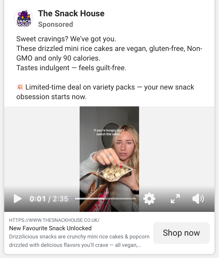 Screenshot of The Snack House’s Instagram Feed ad