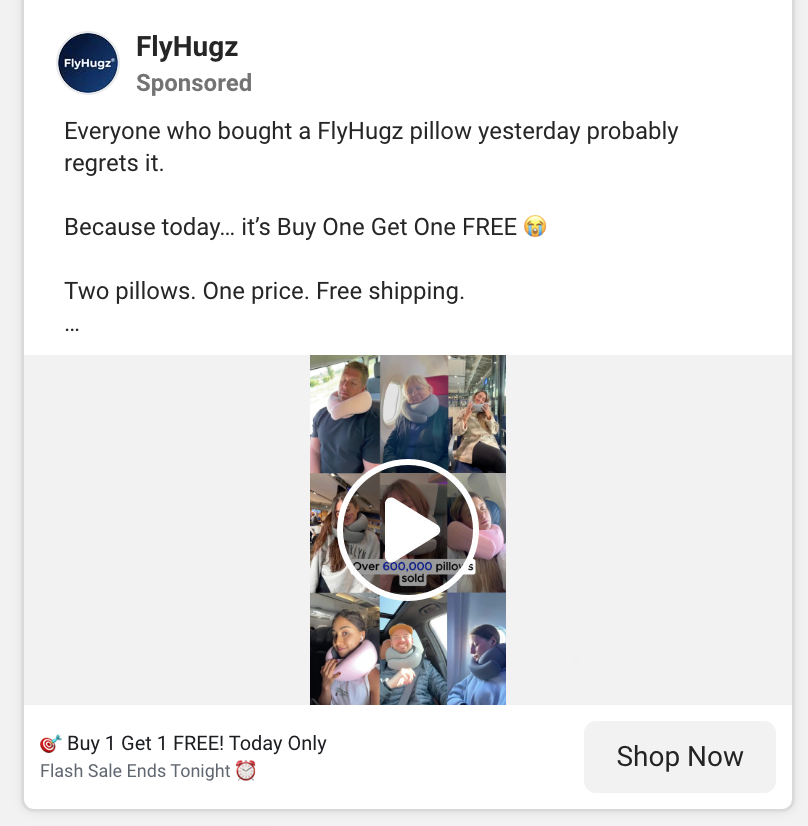 Screenshot of the FlyHugz neck pillow ad 