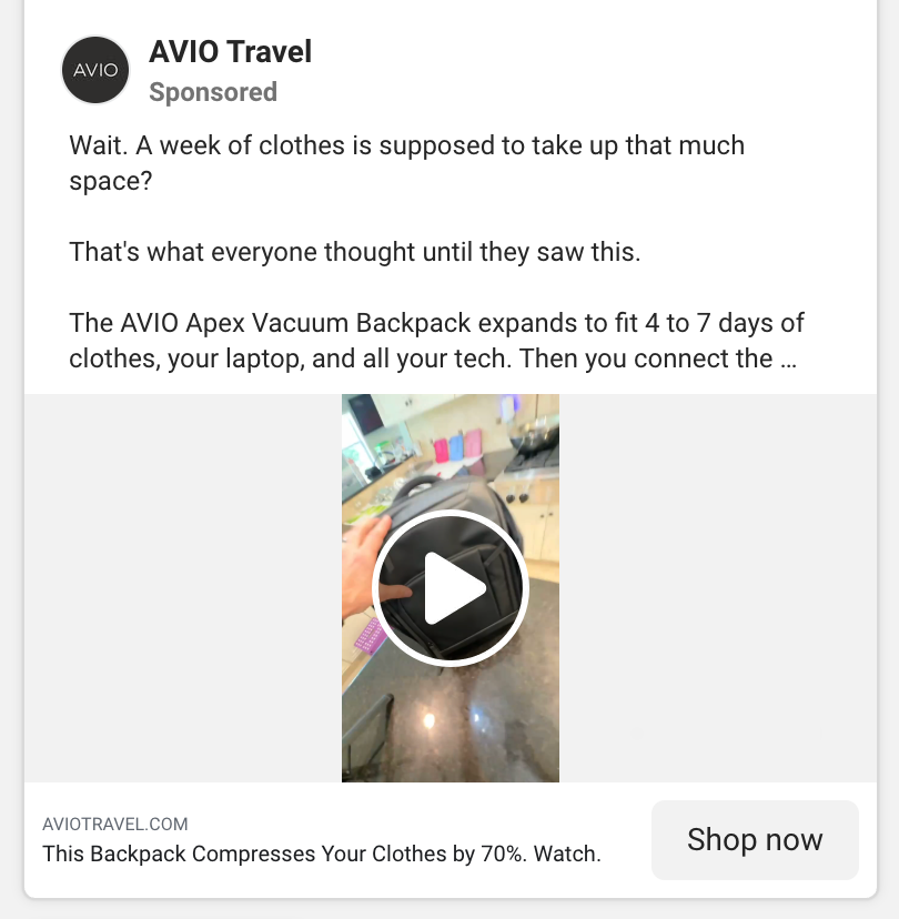 Screenshot of AVIO Travel’s ad for its Apex Vacuum Backpack 