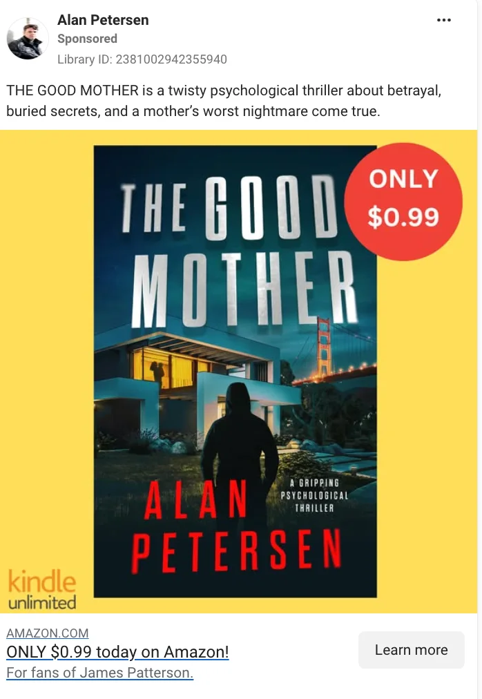 Book cover for The Good Mother by Alan Petersen,  a hooded figure before the Golden Gate Bridge, promoted with a red badge: ONLY $0.99