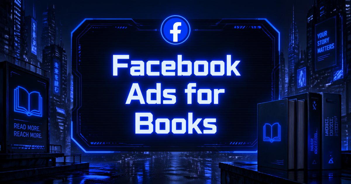 Neon blue cityscape with a futuristic screen displaying Facebook Ads for Books, surrounded by glowing billboards and stacks of digital books.
