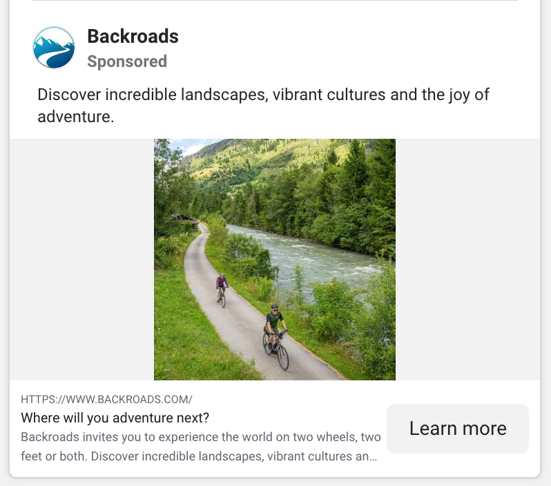 Screenshot of Backroads’ adventure ad 