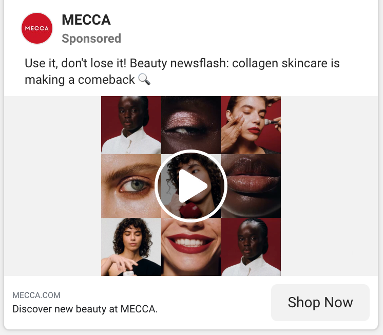 Screenshot of MECCA’s collage-style ad