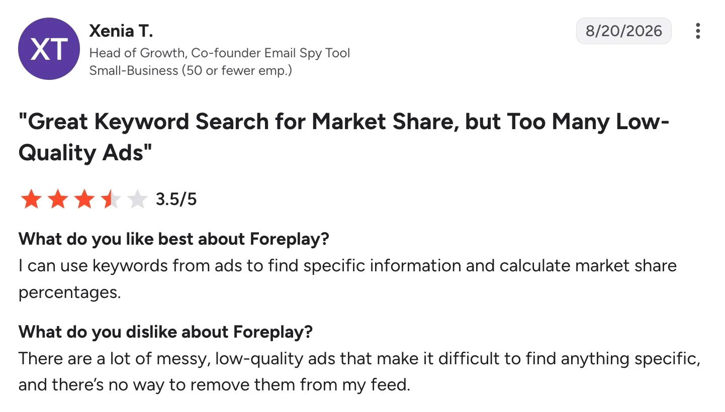 Foreplay G2 review praising keyword search while criticizing low-quality ads and limited feed controls.
