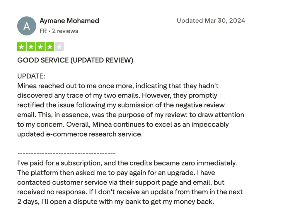 Trustpilot review of Minea describing a resolved credit and support issue after an updated rating.