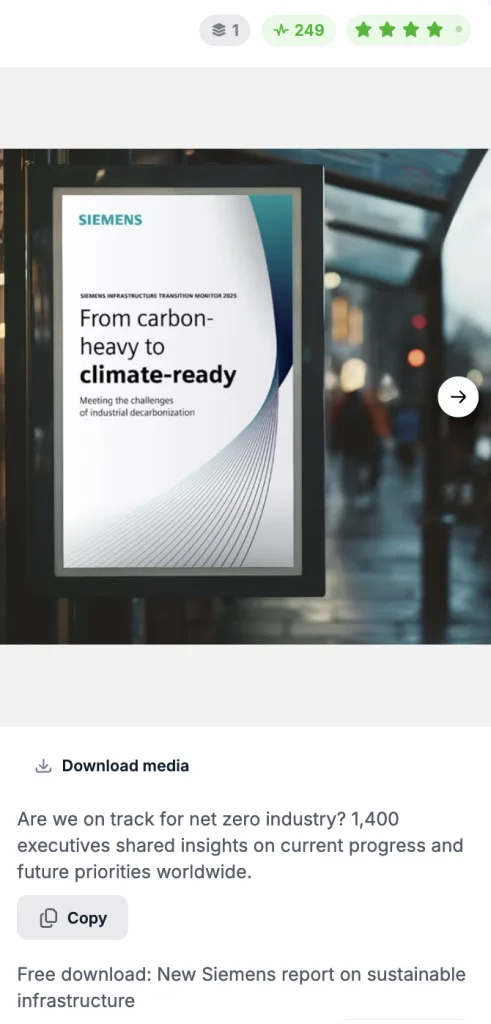 Siemens B2B Facebook lead magnet ad with a report mockup and a free download CTA targeting business executives.