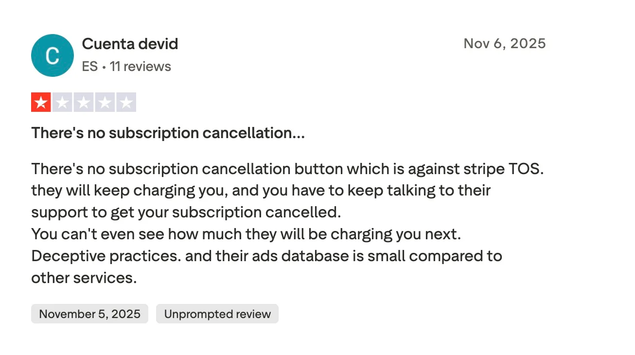 One-star Trustpilot review of AdPlexity criticizing missing cancellation button and limited ads database size.