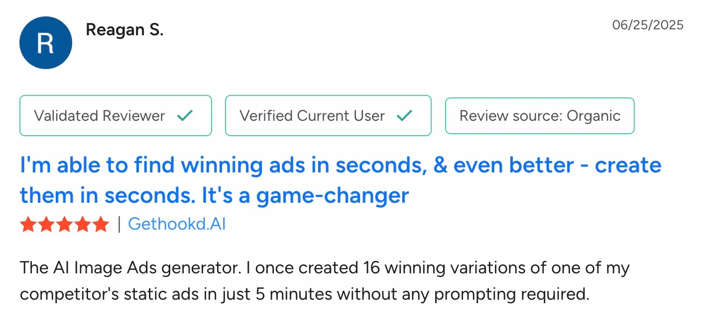 Five-star G2 review of GetHookd praising its AI image ads generator for creating winning variations quickly.