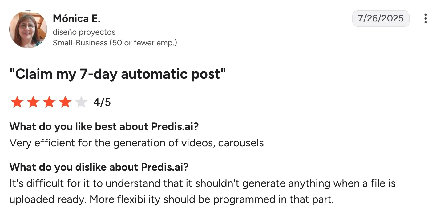 Four-star G2 review of Predis.ai praising video and carousel generation while asking for more upload flexibility.